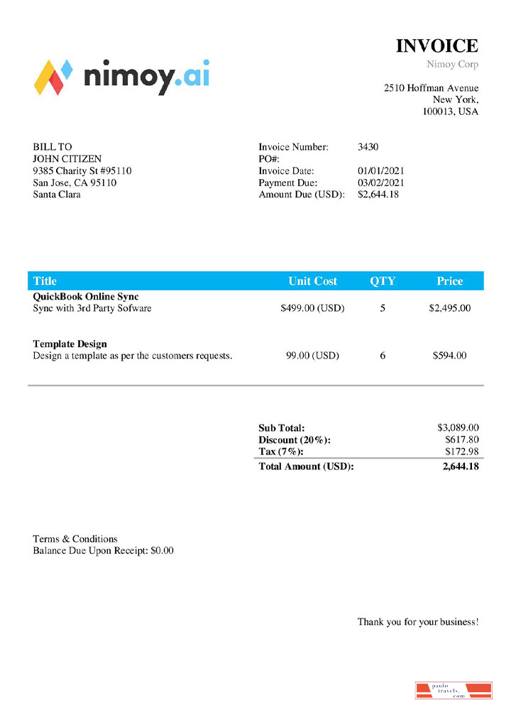 USA Nimoy Corp invoice template PSD template